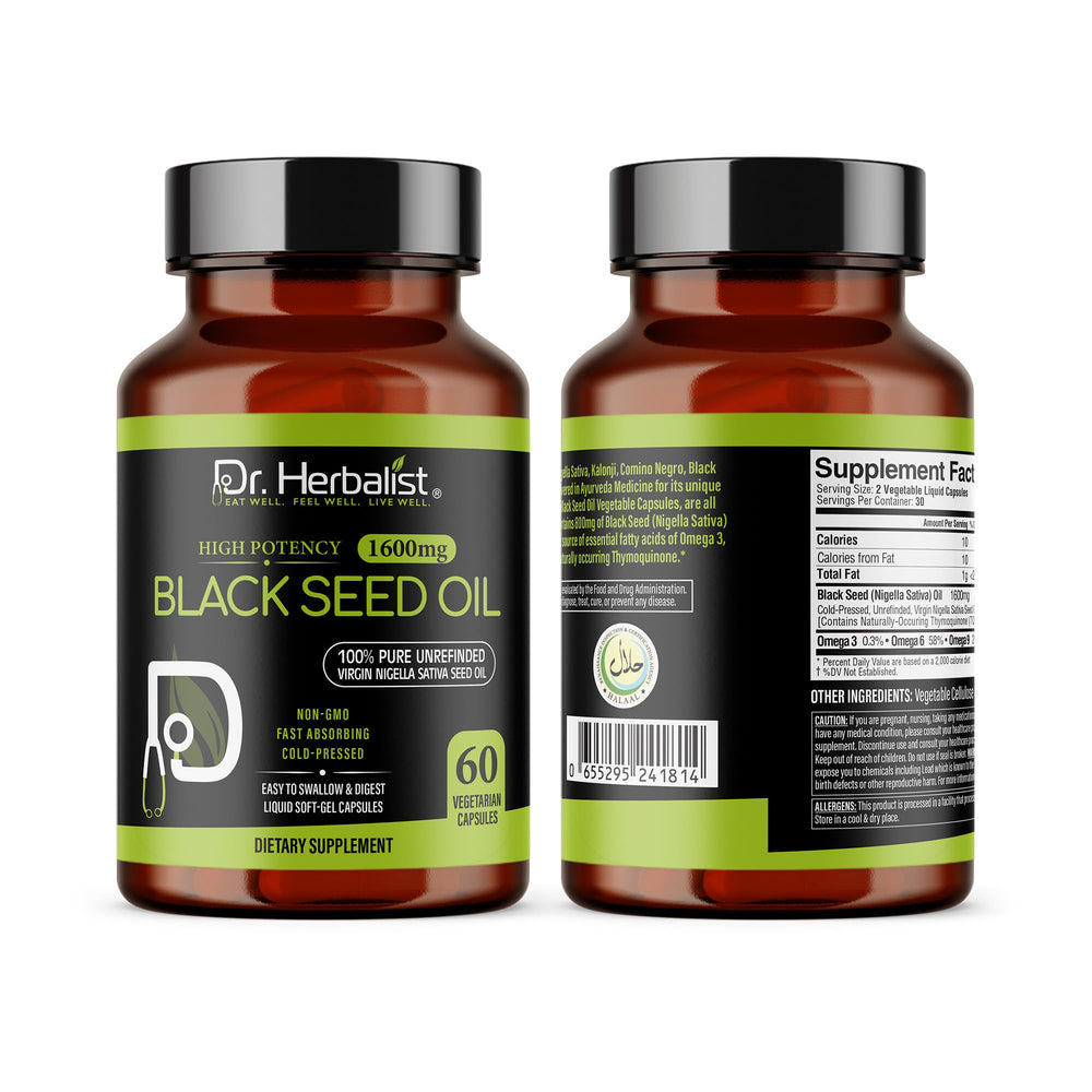 Product label close-up of Dr Herbalist Black Seed Oil