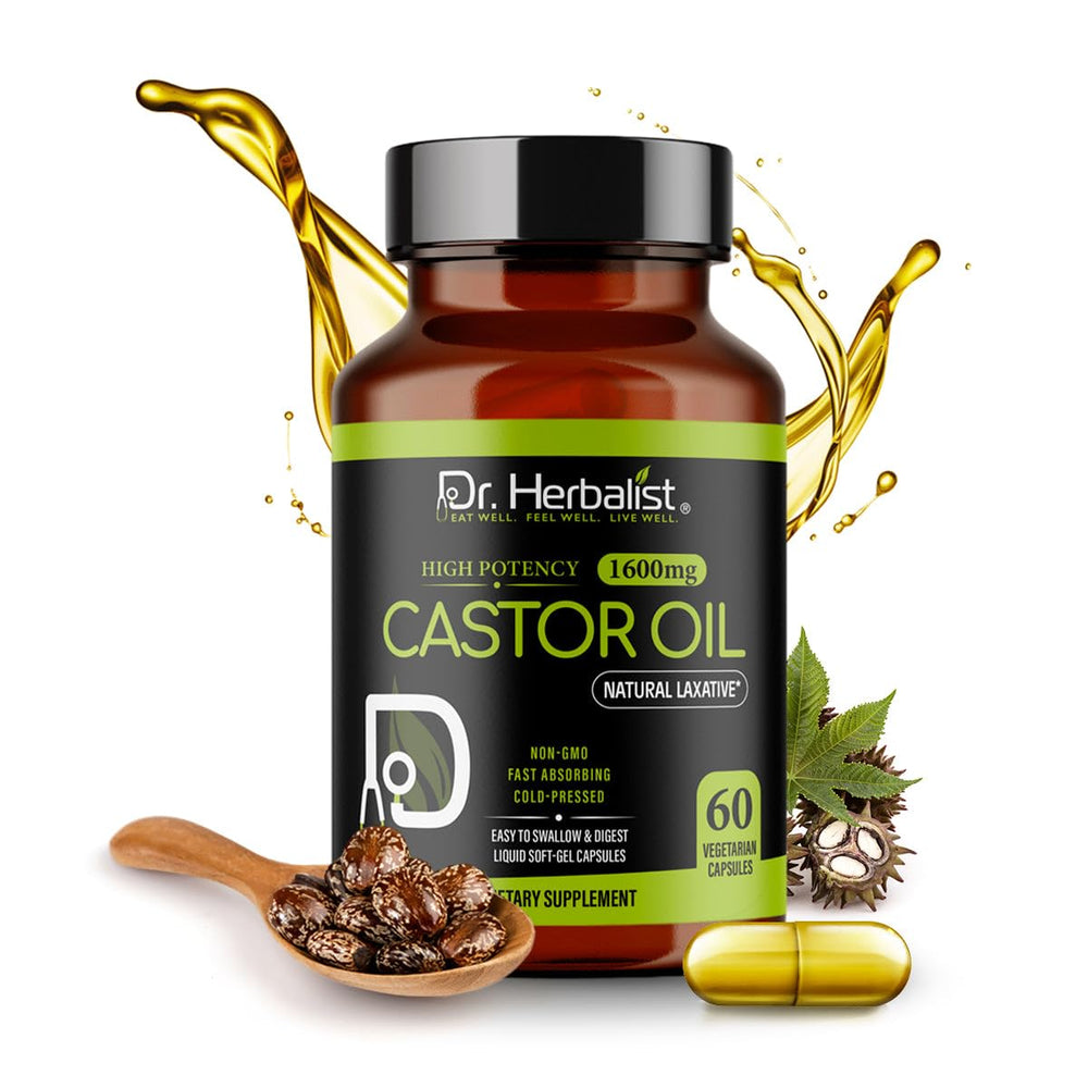 Dr. HERBALIST Castor Oil Capsules bottle for convenient daily wellness.