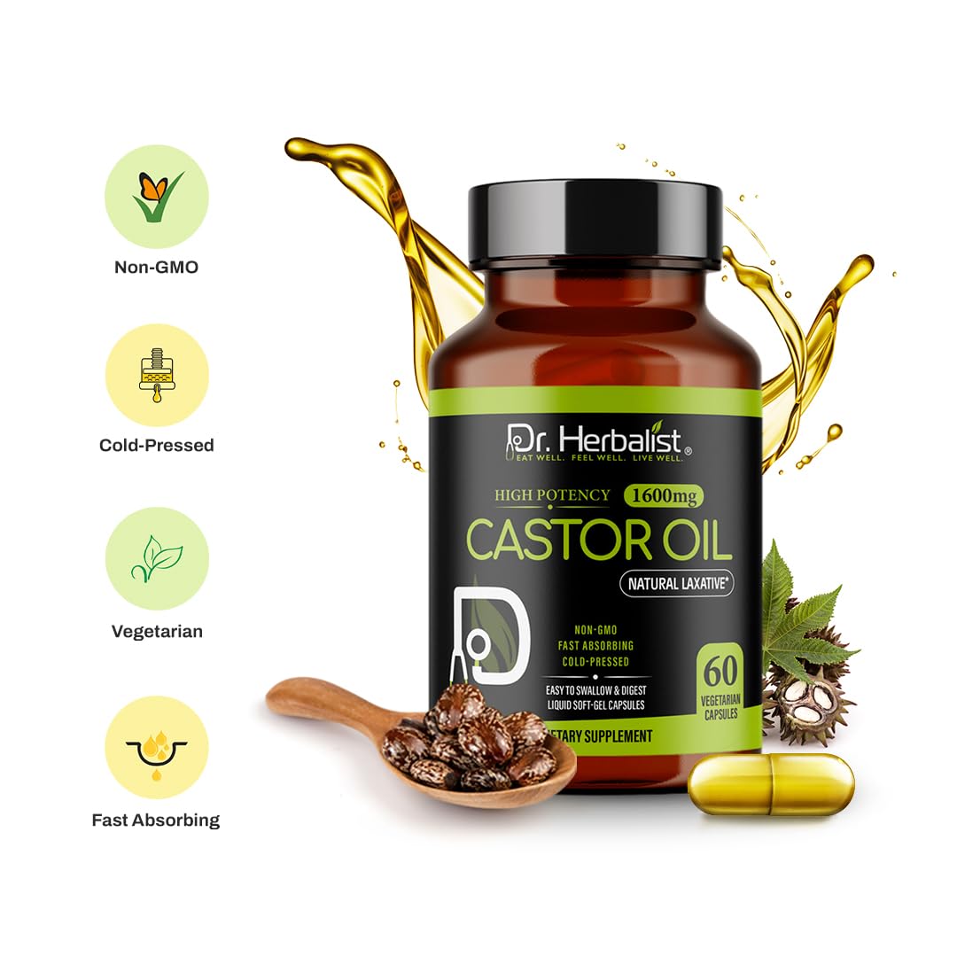 Dr. HERBALIST Castor Oil Capsules closeup highlights fast-absorbing, easy-to-swallow capsules.