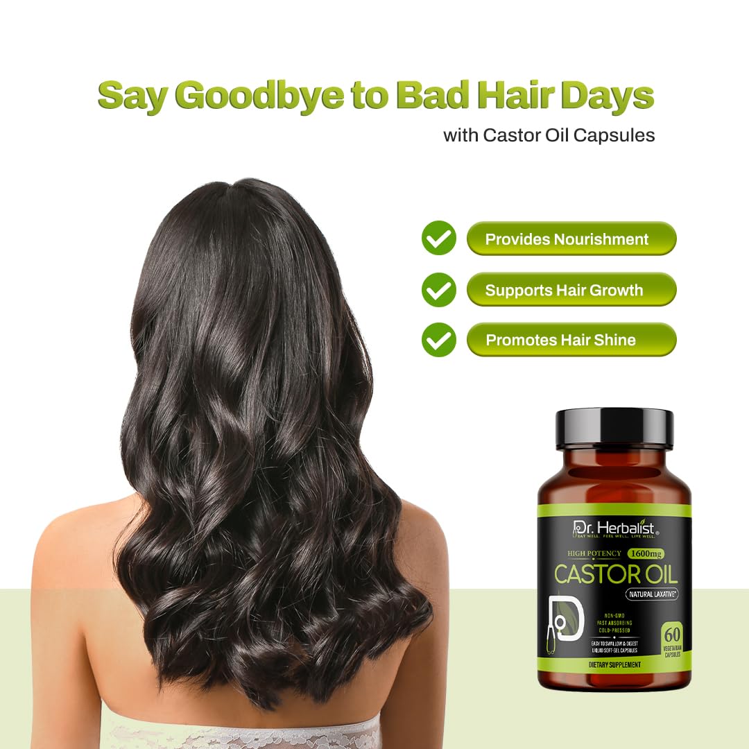 Dr. HERBALIST Castor Oil Capsules package shows halal, vegetarian, non-GMO features.
