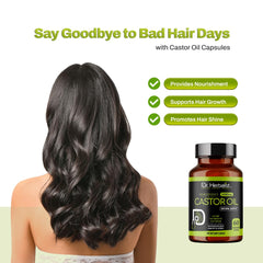 Dr. HERBALIST Castor Oil Capsules package shows halal, vegetarian, non-GMO features.