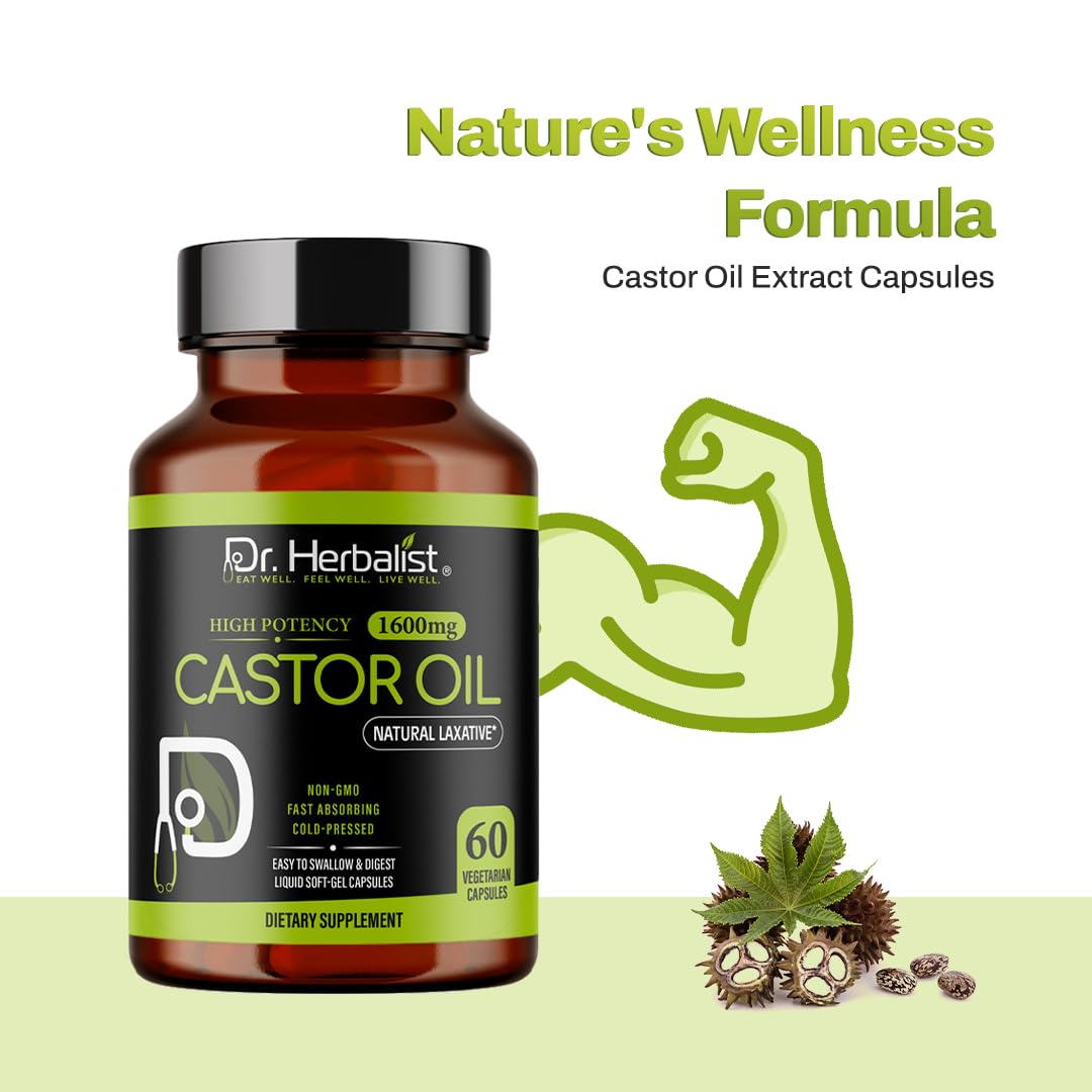 Dr. HERBALIST Castor Oil Capsules bottle — swallow-friendly design for daily use.