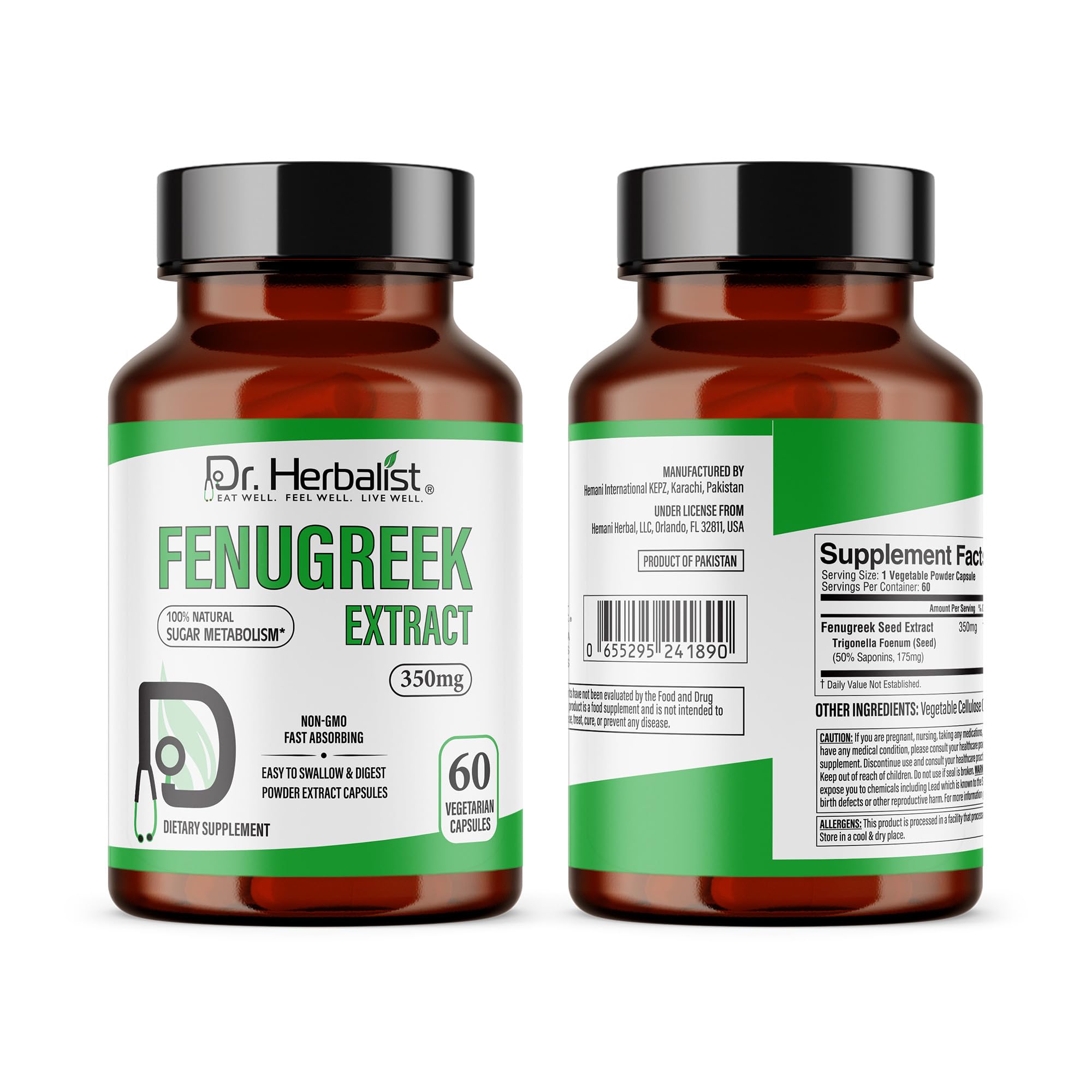 Ingredient panel showing fenugreek extract 350mg