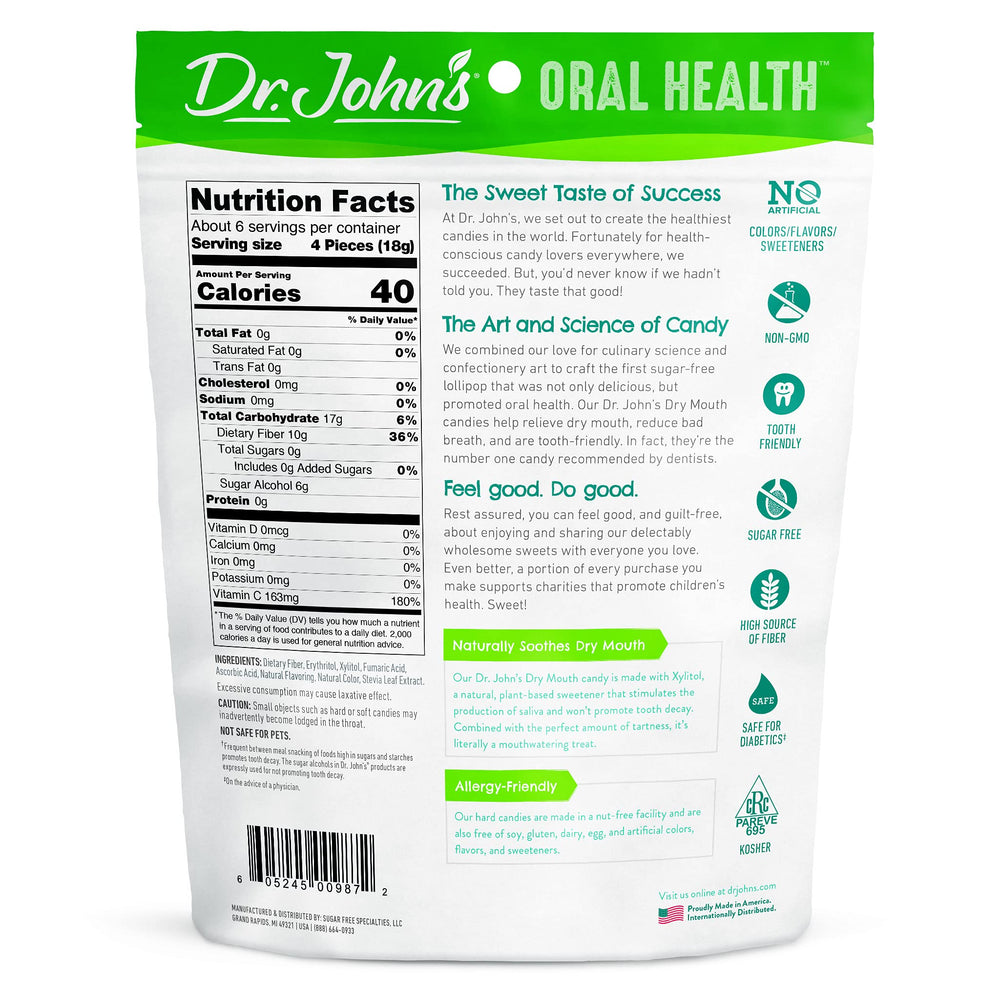 Back packaging image showing product details for Dr. John's Dry Mouth Drops Orange flavor, 24-count, Pack of 2