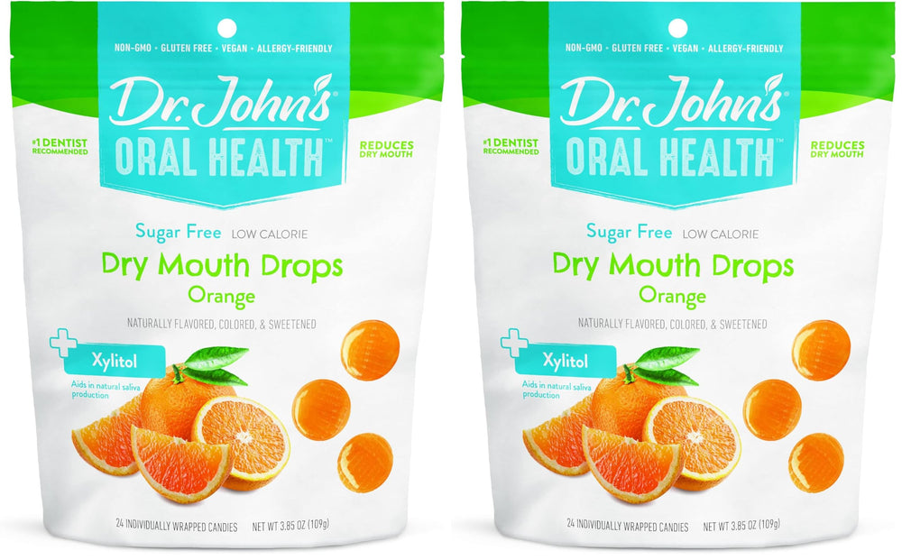Front packaging image of Dr. John's Dry Mouth Drops Orange flavor, 24-count, Pack of 2