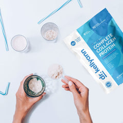 One-pack tub of Dr. Kellyann collagen powder on a kitchen counter
