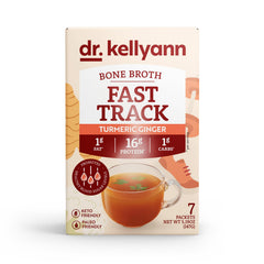 Front view of Dr. Kellyann Fast Track Bone Broth Packets box showing 7 servings