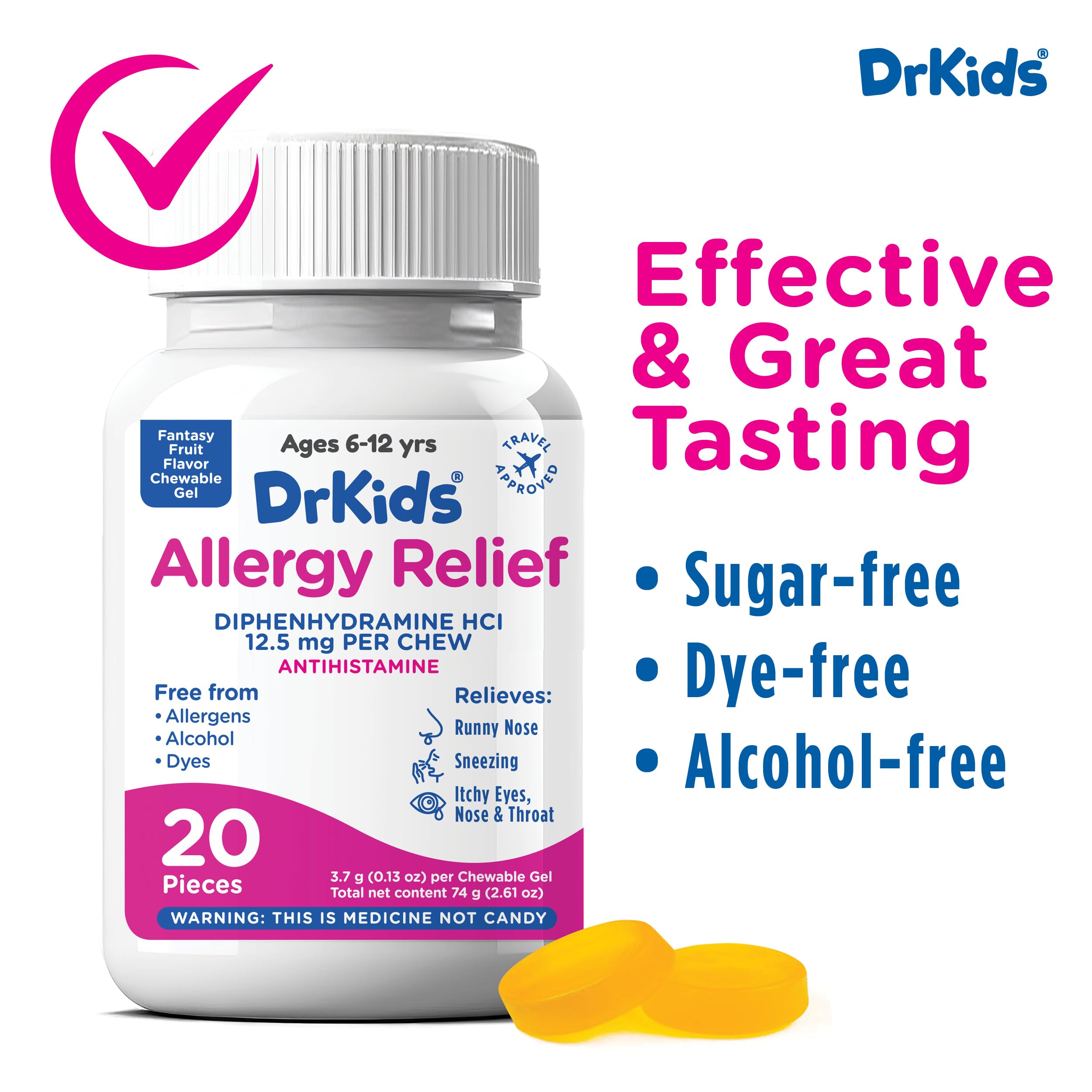 Dr. Kids chewables diphenhydramine dose detail for nighttime relief.