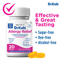Dr. Kids chewables diphenhydramine dose detail for nighttime relief.