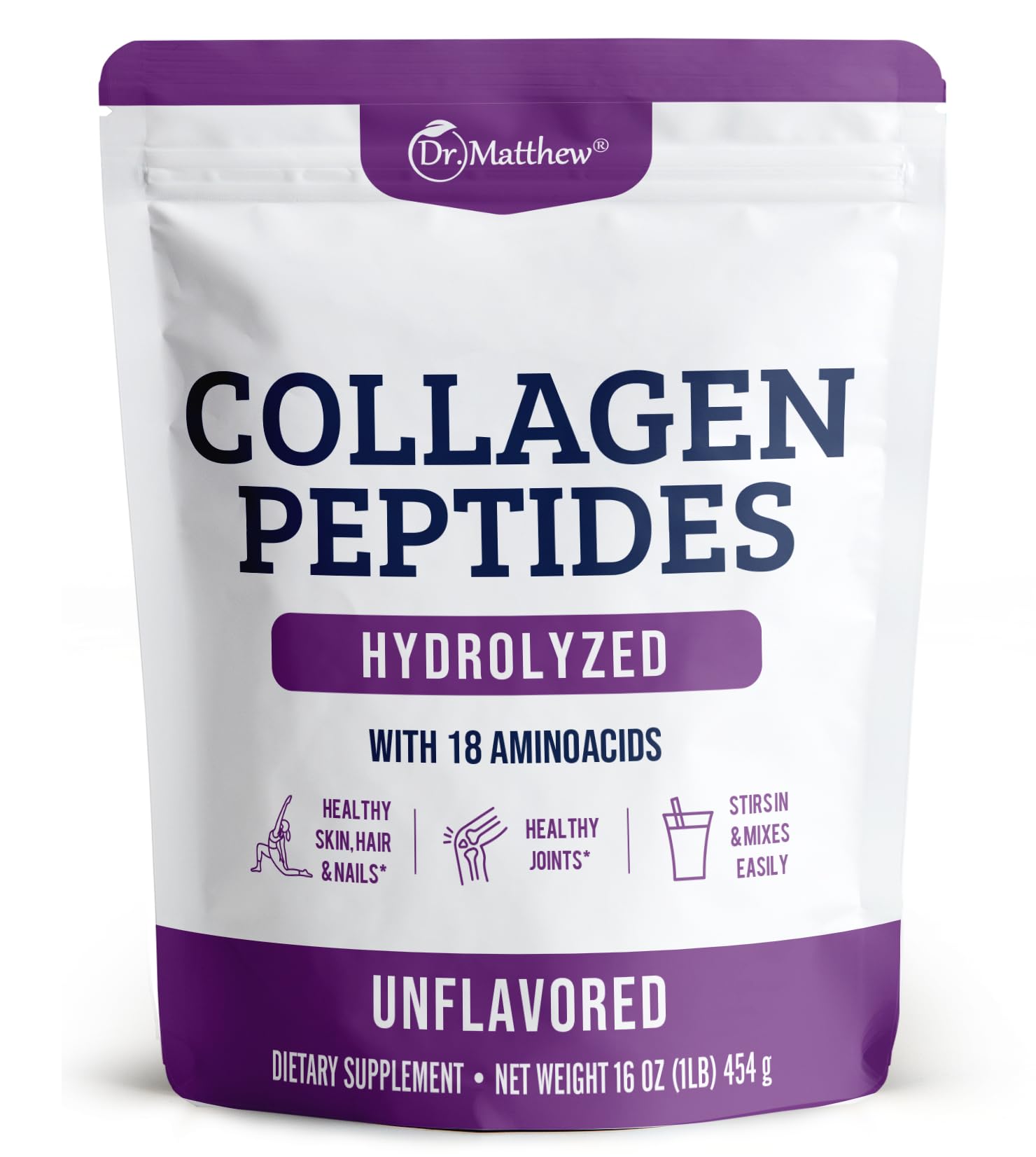Front view of Dr. Matthew Hydrolyzed Collagen Peptides Powder bottle