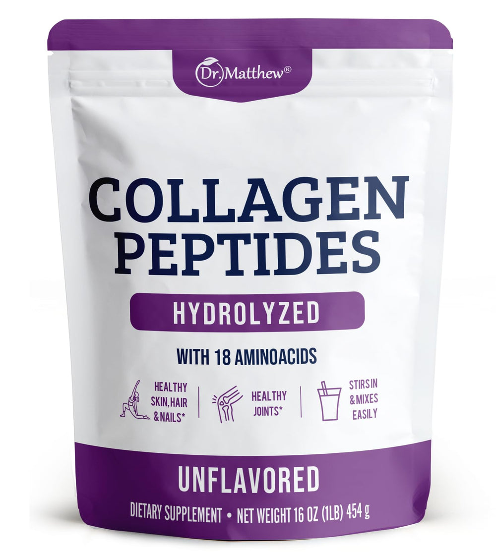 Front view of Dr. Matthew Hydrolyzed Collagen Peptides Powder bottle
