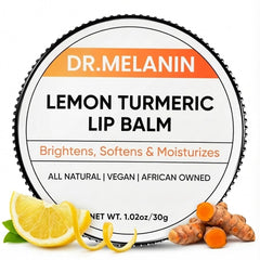 Dr. Melanin Lemon Turmeric Lip Balm in tin closeup providing hydration for dry lips