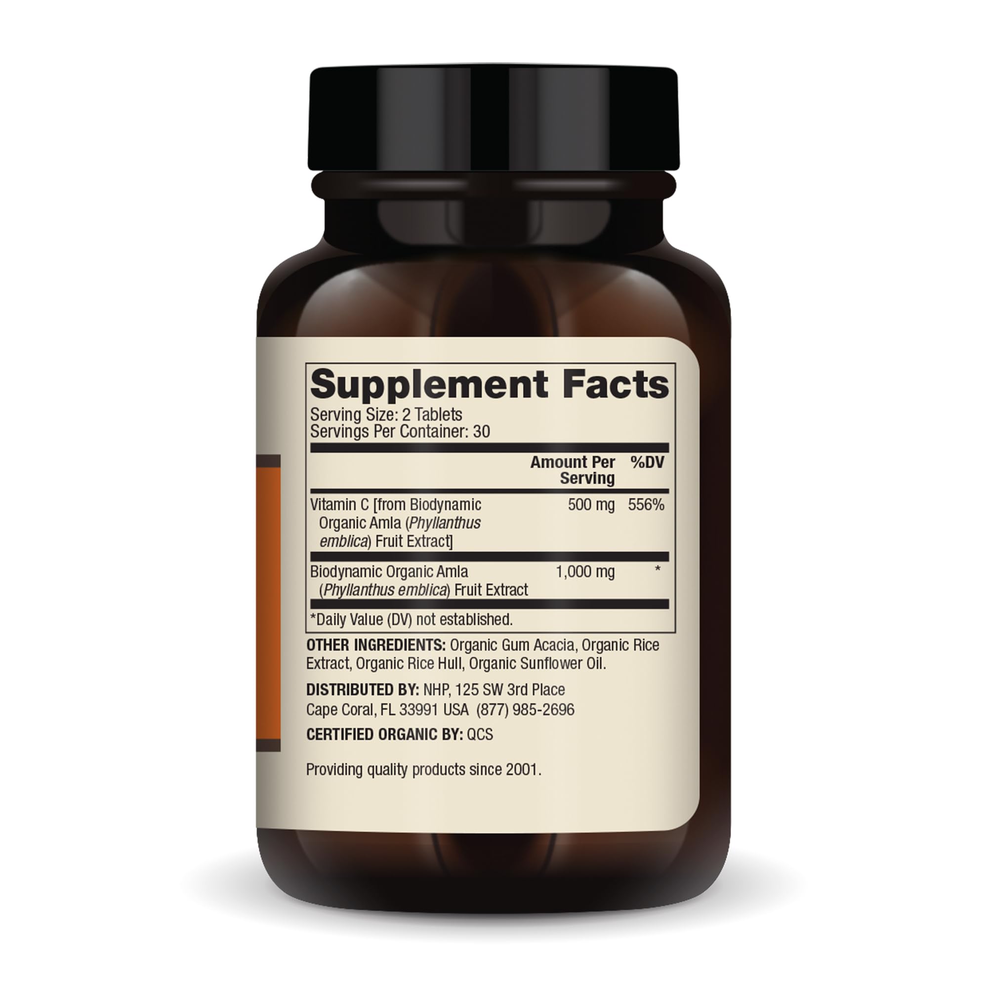 Product label showing ingredients and certifications
