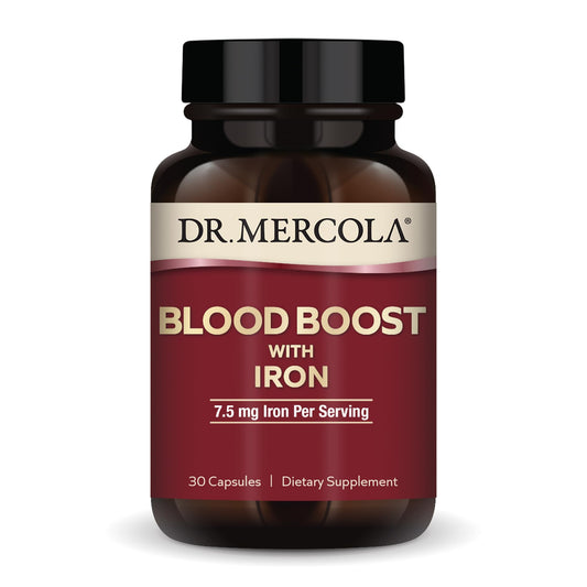 Front view of Dr. Mercola Blood Boost with Iron bottle – 30 capsules