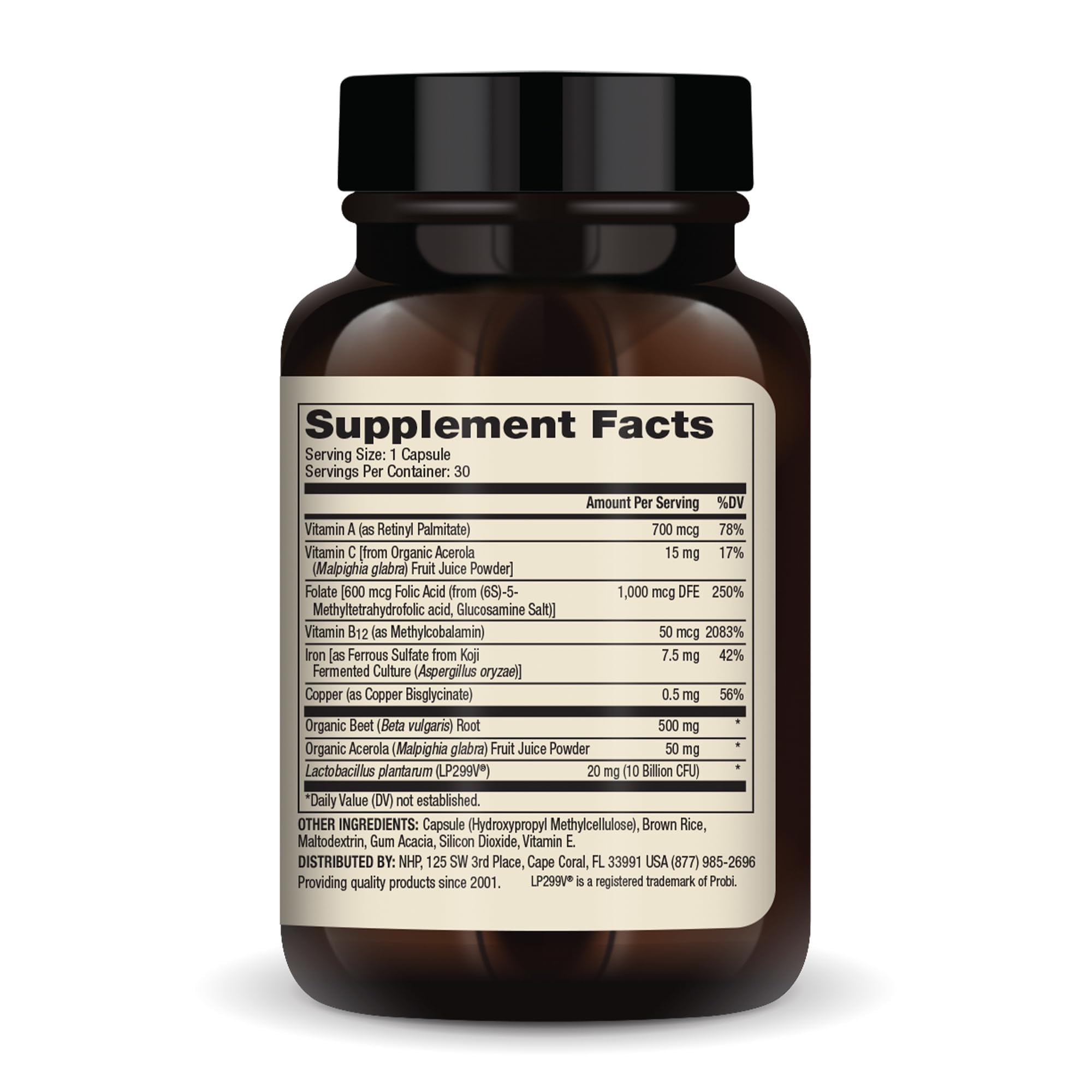 Product packaging showing ingredients and 7.5 mg iron