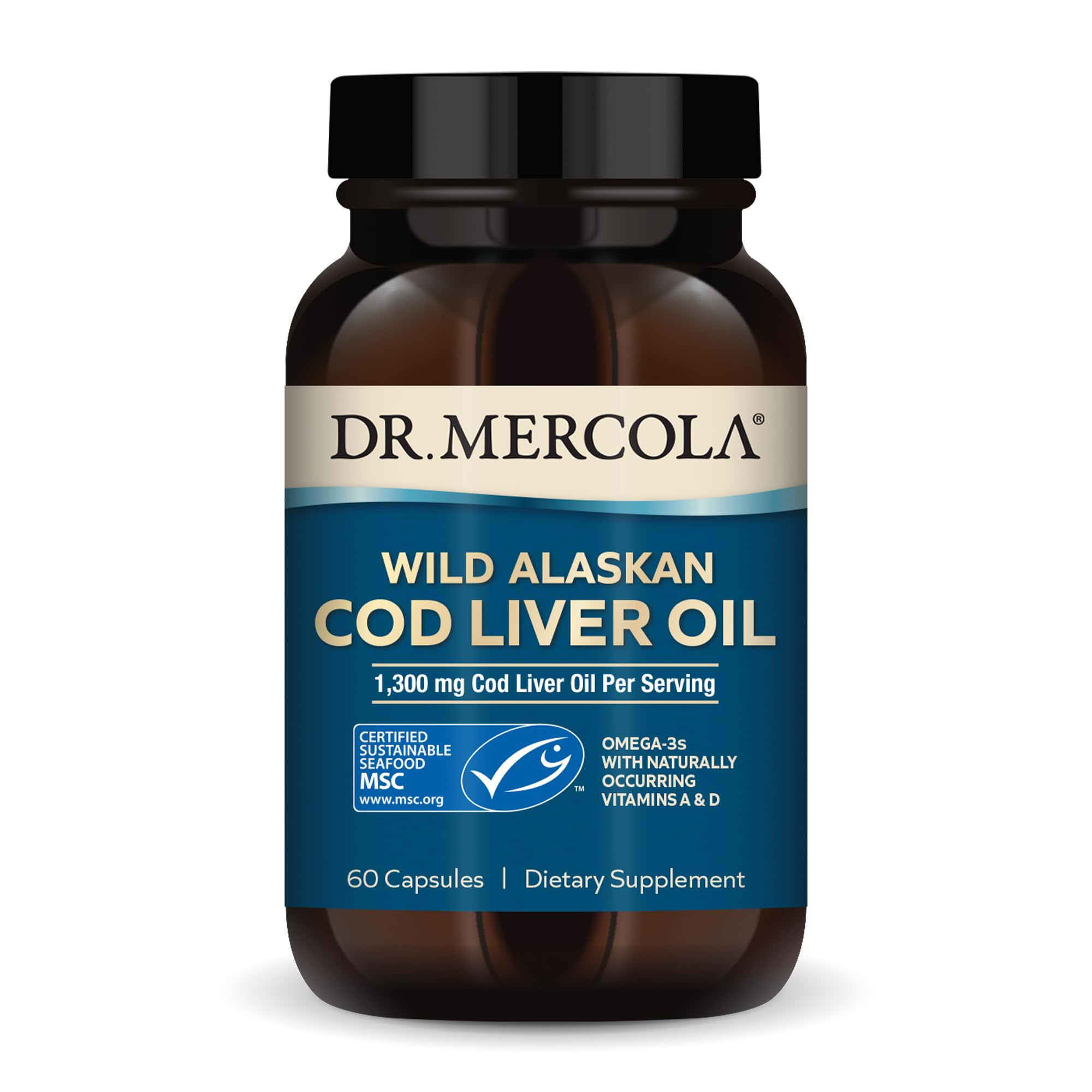 Dr. Mercola Cod Liver Oil bottle and label