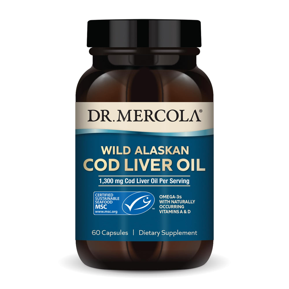 Dr. Mercola Cod Liver Oil bottle and label
