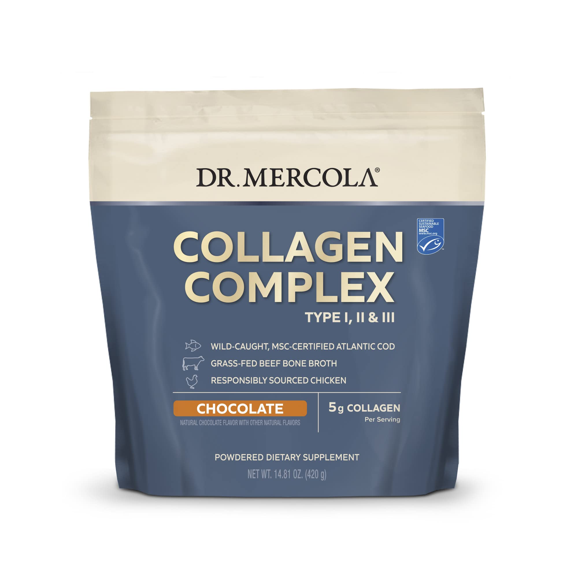 Dr. Mercola Collagen Complex Powder chocolate flavor container with scoop
