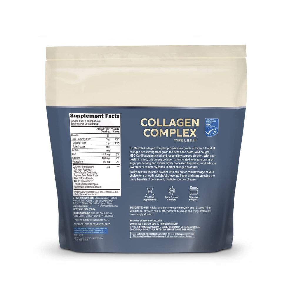 Close-up of chocolate collagen powder in a cup showing texture