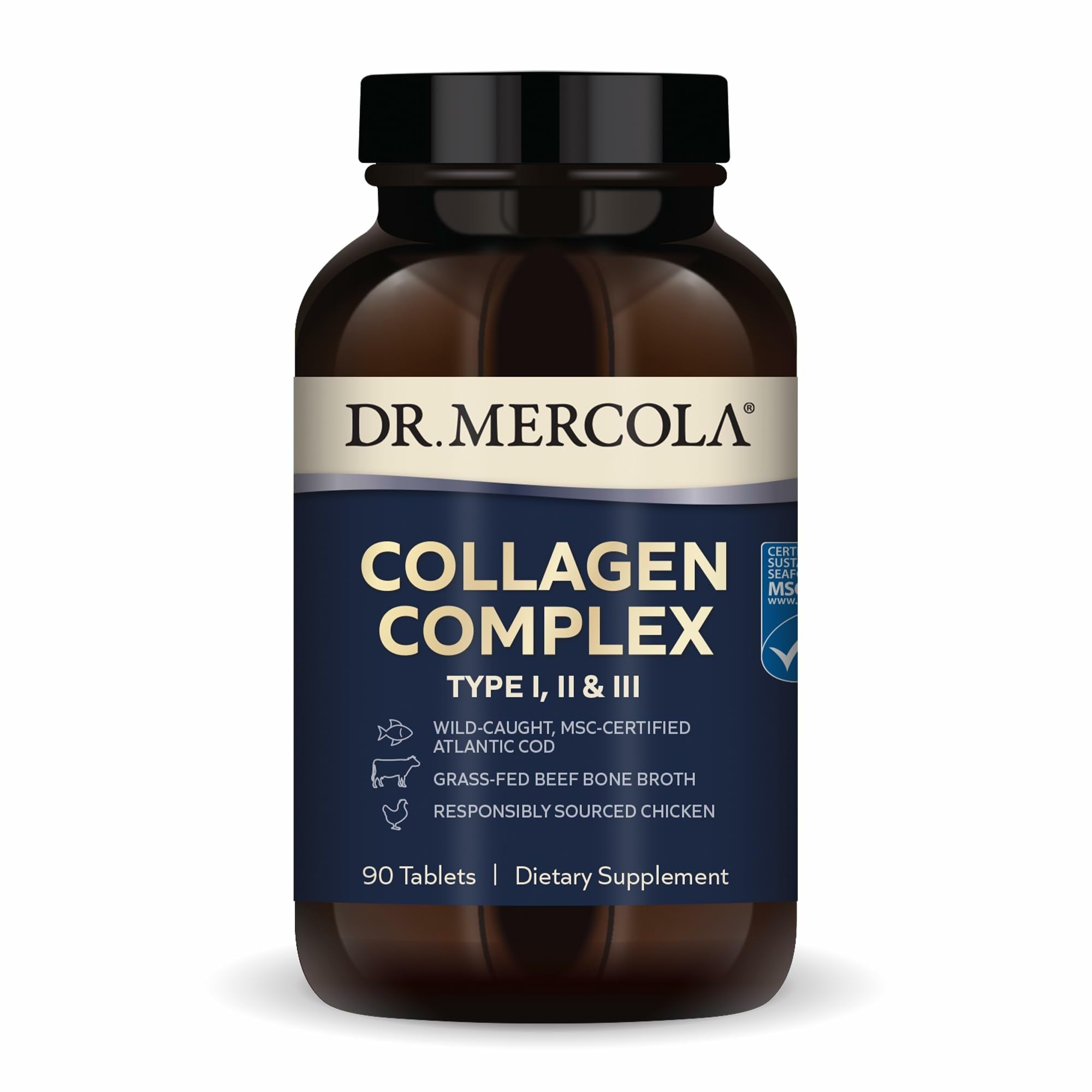 Dr. Mercola Collagen Complex bottle and tablets for skin and connective tissue support