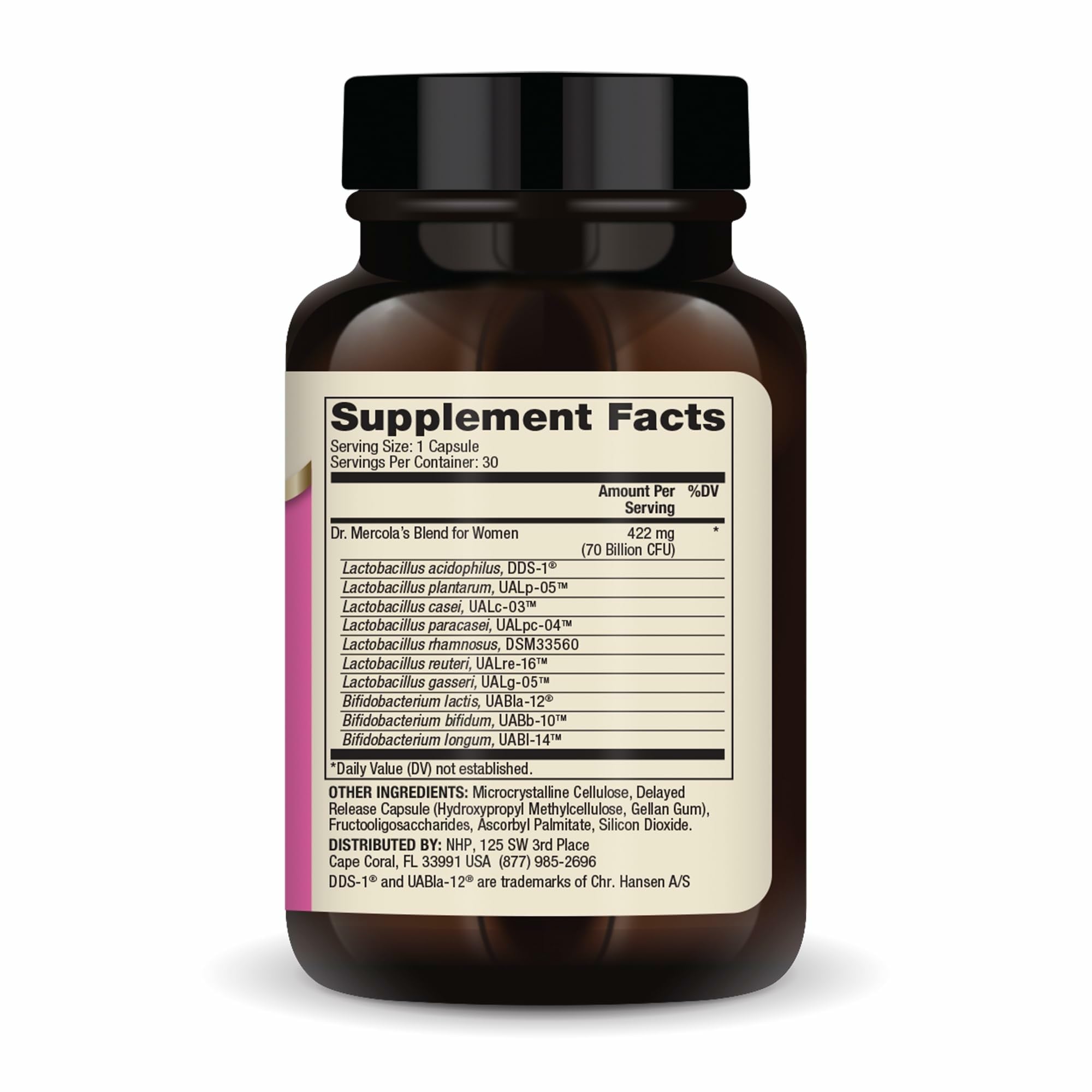 Side view of Dr. Mercola Complete Probiotics for Women bottle