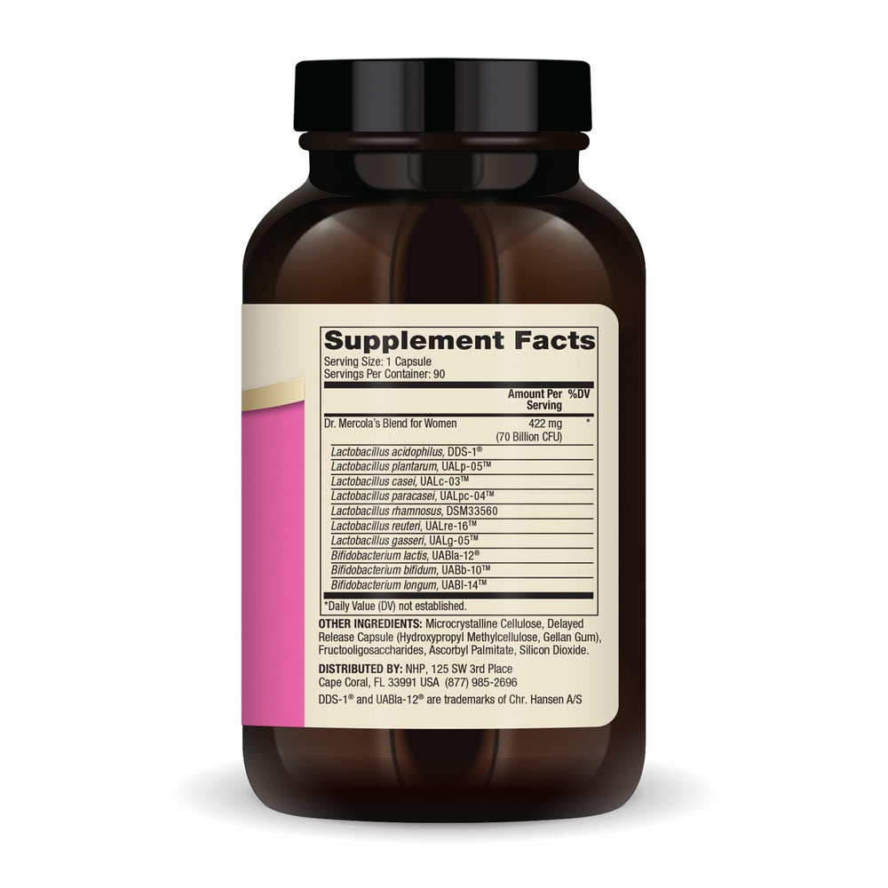Dr. Mercola Complete Probiotics for Women packaging close-up highlighting non-GMO and gluten-free features