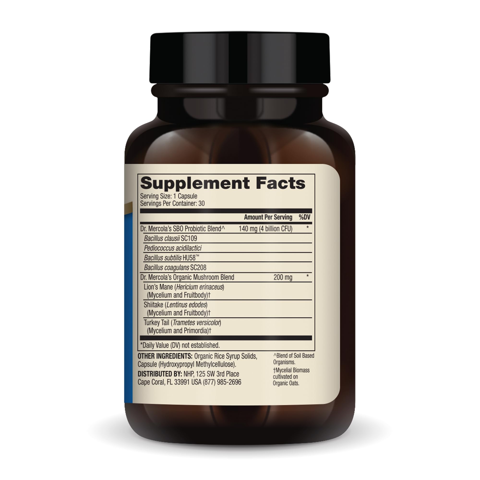 Close-up of four spore probiotic capsules including Bacillus Clausii