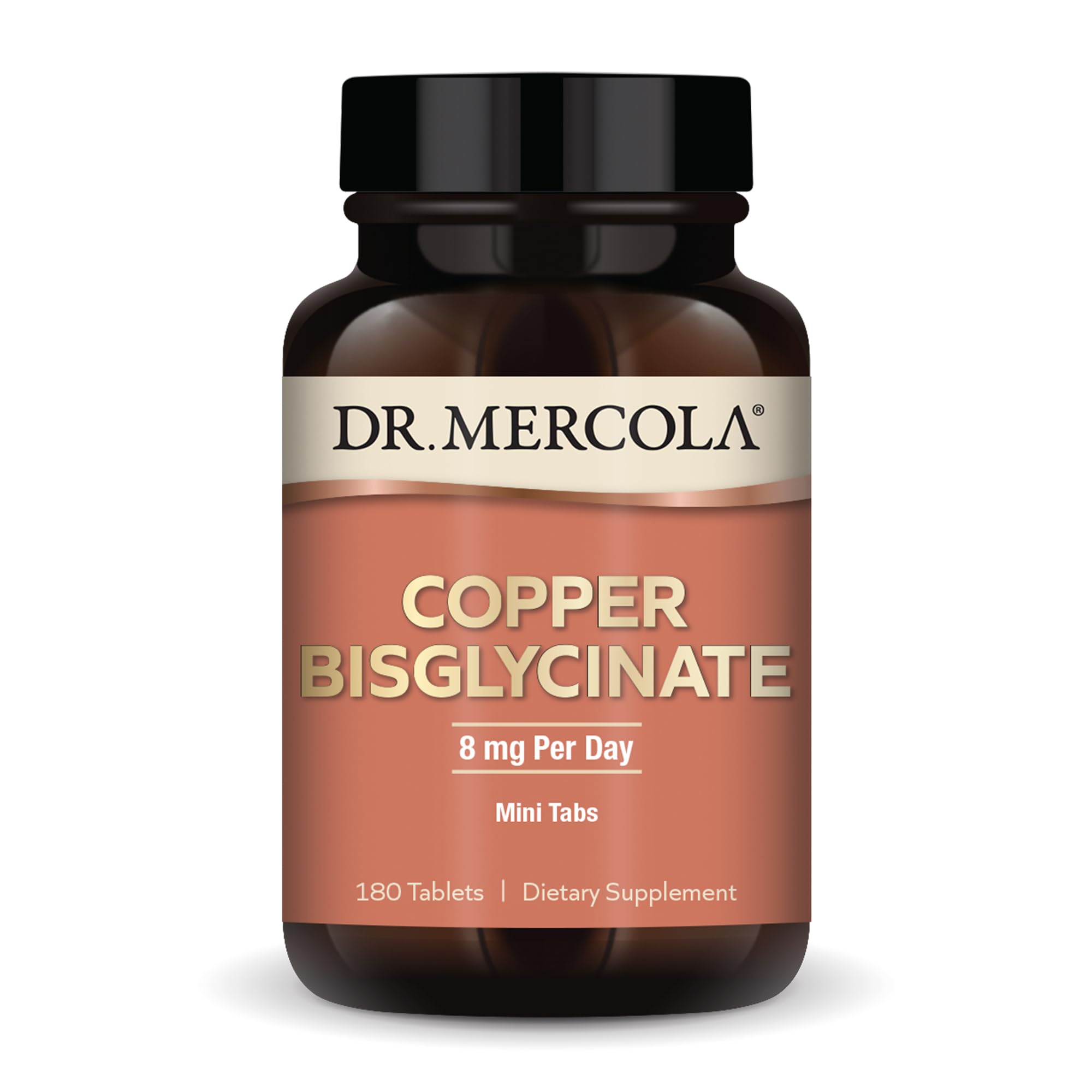 Dr. Mercola Copper Bisglycinate bottle showing 90 servings (180 tablets) - Non-GMO