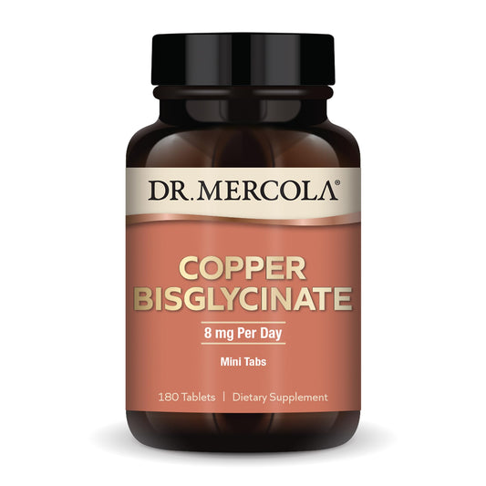 Dr. Mercola Copper Bisglycinate bottle showing 90 servings (180 tablets) - Non-GMO