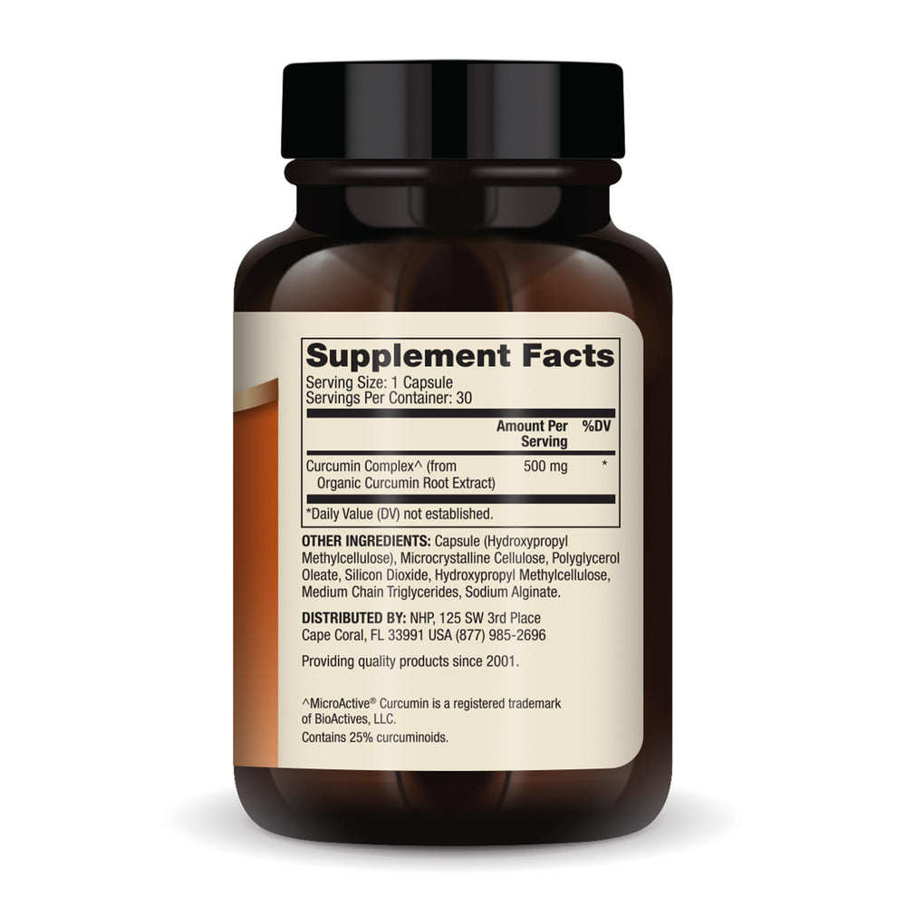 Back view of bottle showing 500 mg curcumin and 95% curcuminoids