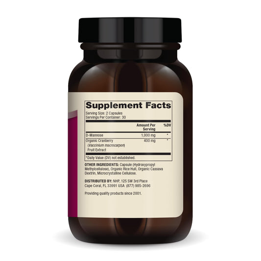 Nutritional information label of Dr. Mercola D-Mannose and Cranberry Extract