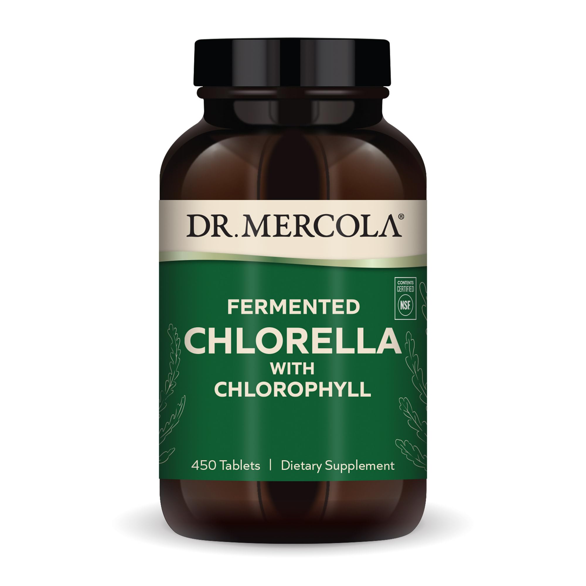 Front view of Dr. Mercola Fermented Chlorella with Chlorophyll bottle