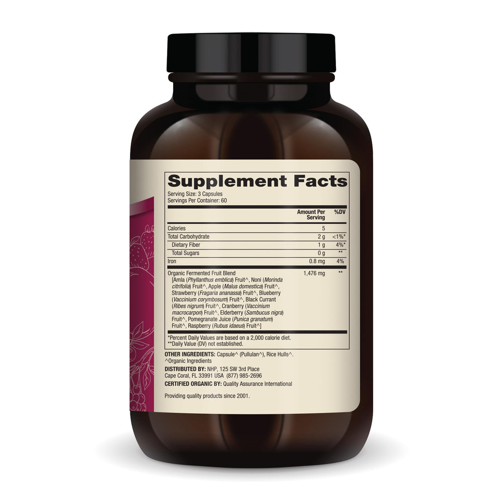 Bottle of Dr. Mercola Organic Fermented Fruits capsules (180-count)
