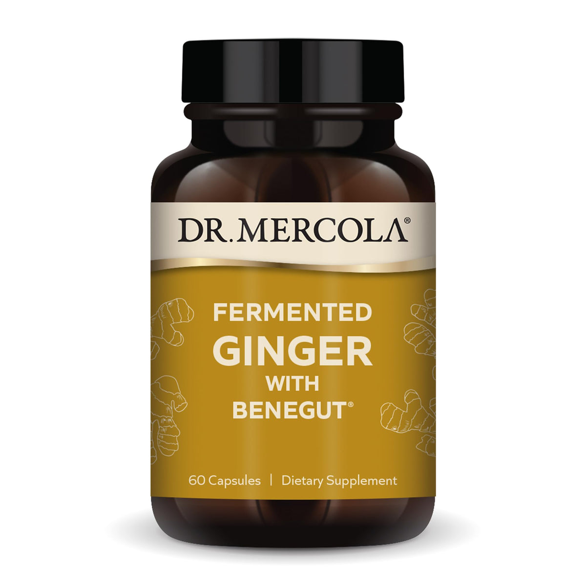 Dr. Mercola Fermented Ginger with Benegut bottle and capsules on white background