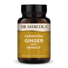 Dr. Mercola Fermented Ginger with Benegut bottle and capsules on white background