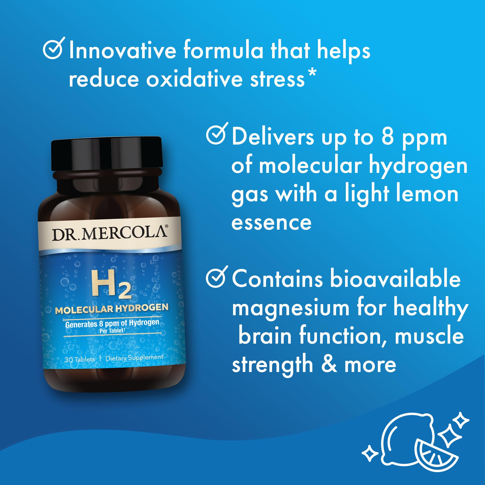 Bottle of Dr. Mercola H2 Molecular Hydrogen supplement