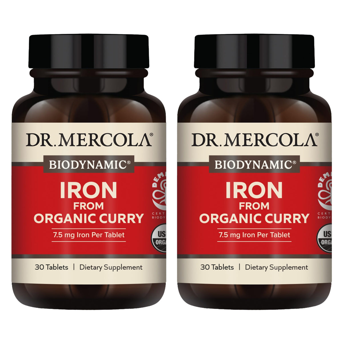 Bottle of Dr. Mercola Iron from Organic Curry – front view (2-pack)