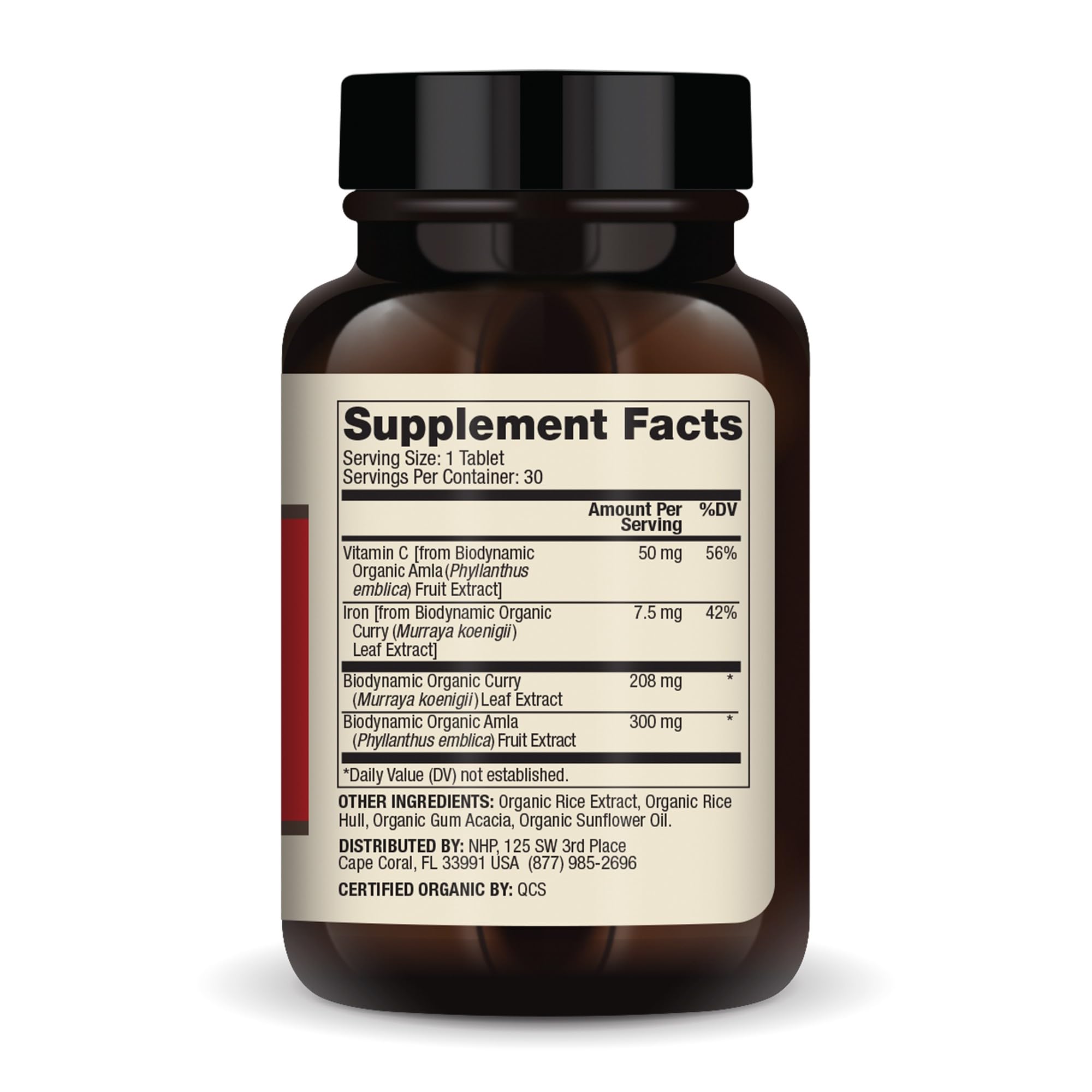 Nutrition facts panel for Dr. Mercola Iron from Organic Curry