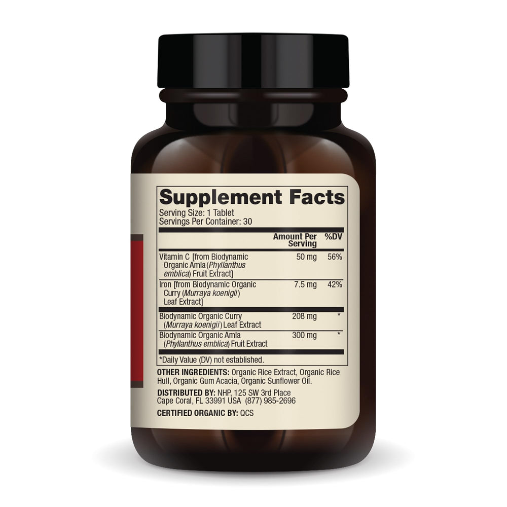 Nutrition facts panel for Dr. Mercola Iron from Organic Curry