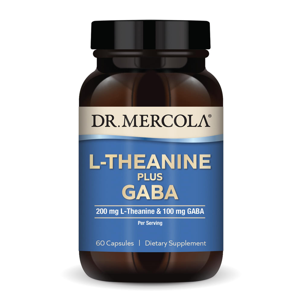 Front hero image of Dr. Mercola L-Theanine Plus GABA bottle, 60 capsules