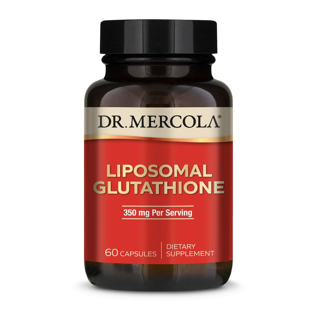 Dr. Mercola Liposomal Glutathione bottle label shows premium antioxidant support.