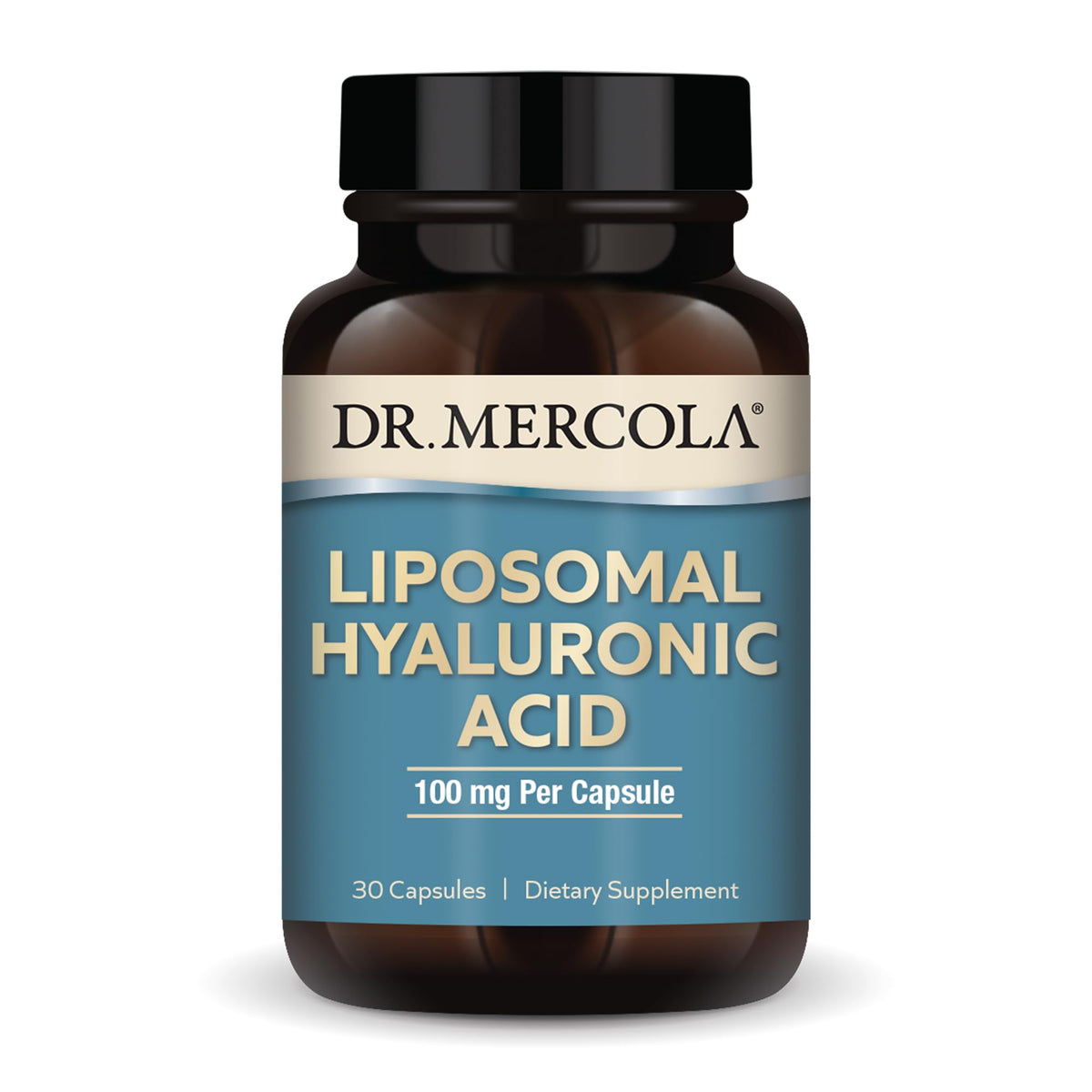 Dr. Mercola Liposomal Hyaluronic Acid bottle with 30 servings and 100 mg per capsule