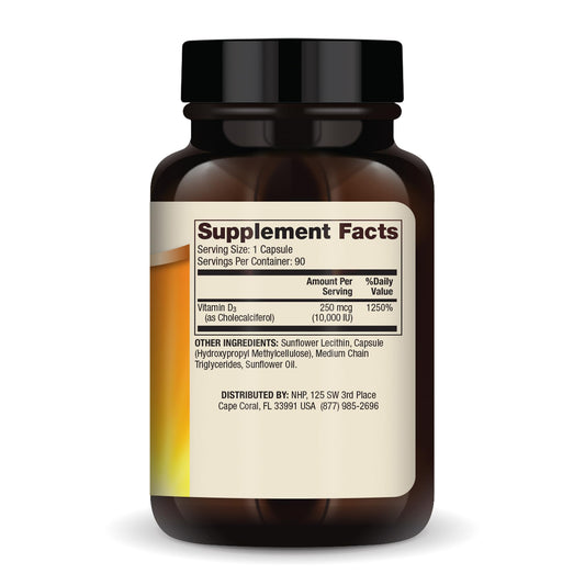 Close-up of 10,000 IU Vitamin D3 listing on bottle label
