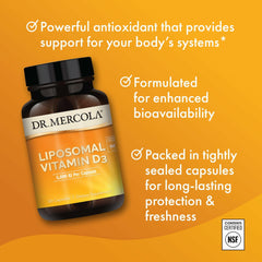 Dr. Mercola Liposomal Vitamin D3 bottle being poured for daily use