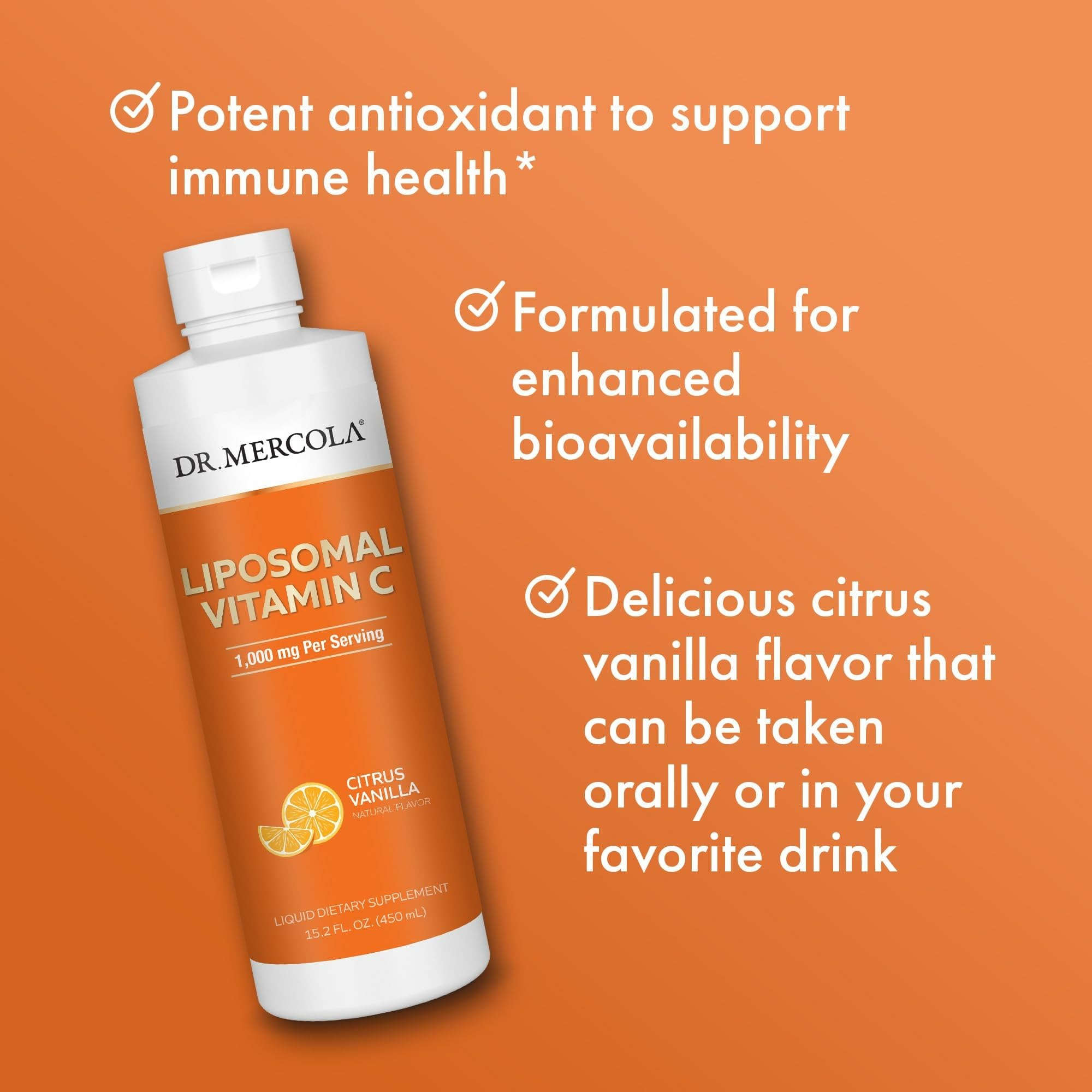 Liposomal vitamin C bottle with citrus vanilla flavor imagery