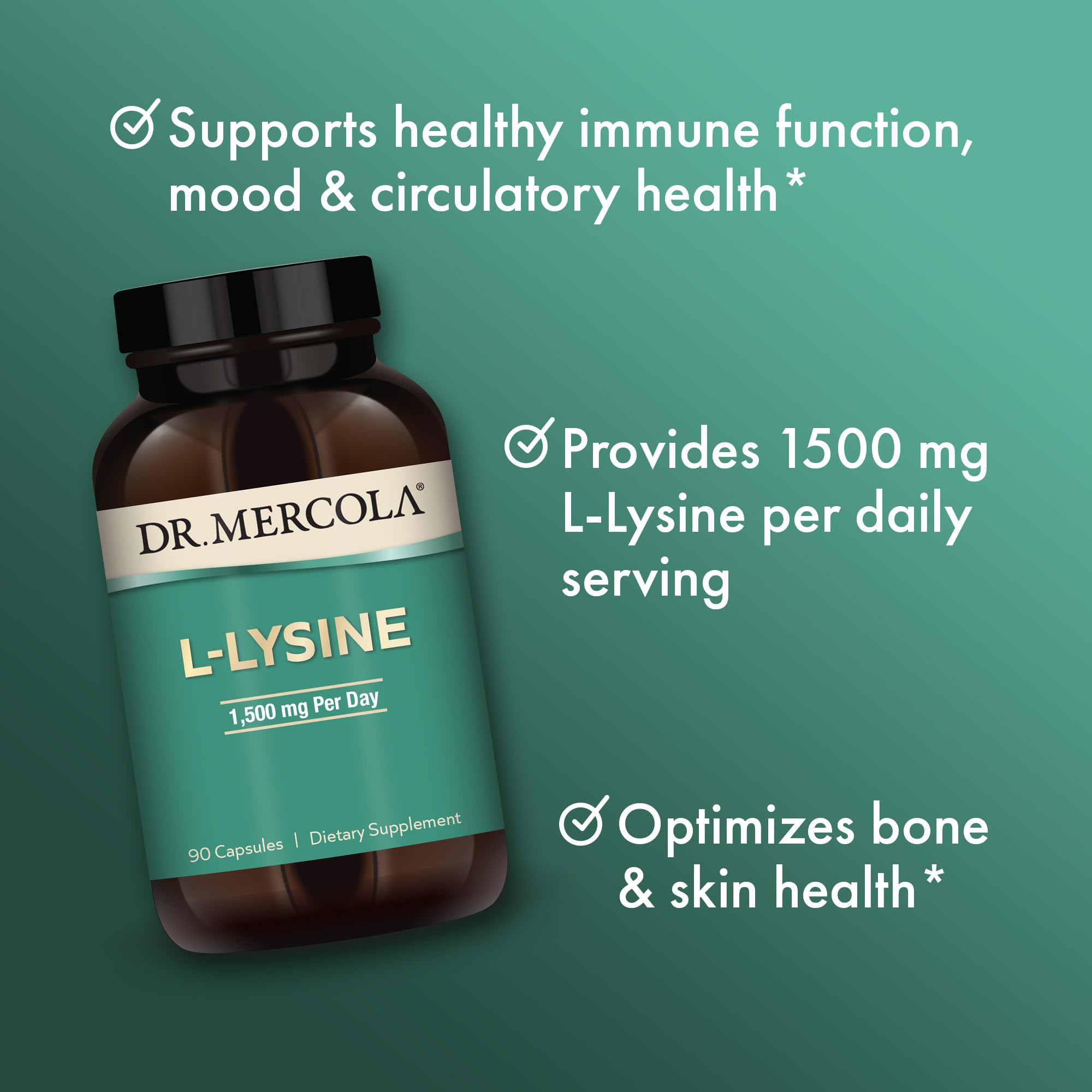 Back label for Dr. Mercola L-Lysine 90 capsules with ingredients
