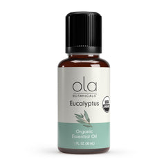 Dr. Mercola Ola Botanicals Eucalyptus essential oil bottle with premium aroma for refreshing spaces.