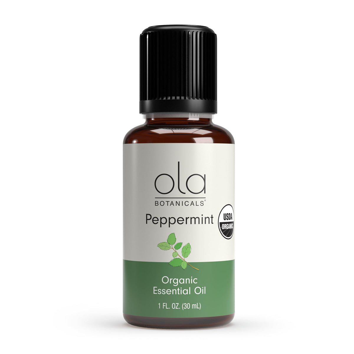 Dr. Mercola Ola Botanicals Peppermint oil label closeup reveals fresh menthol aroma.