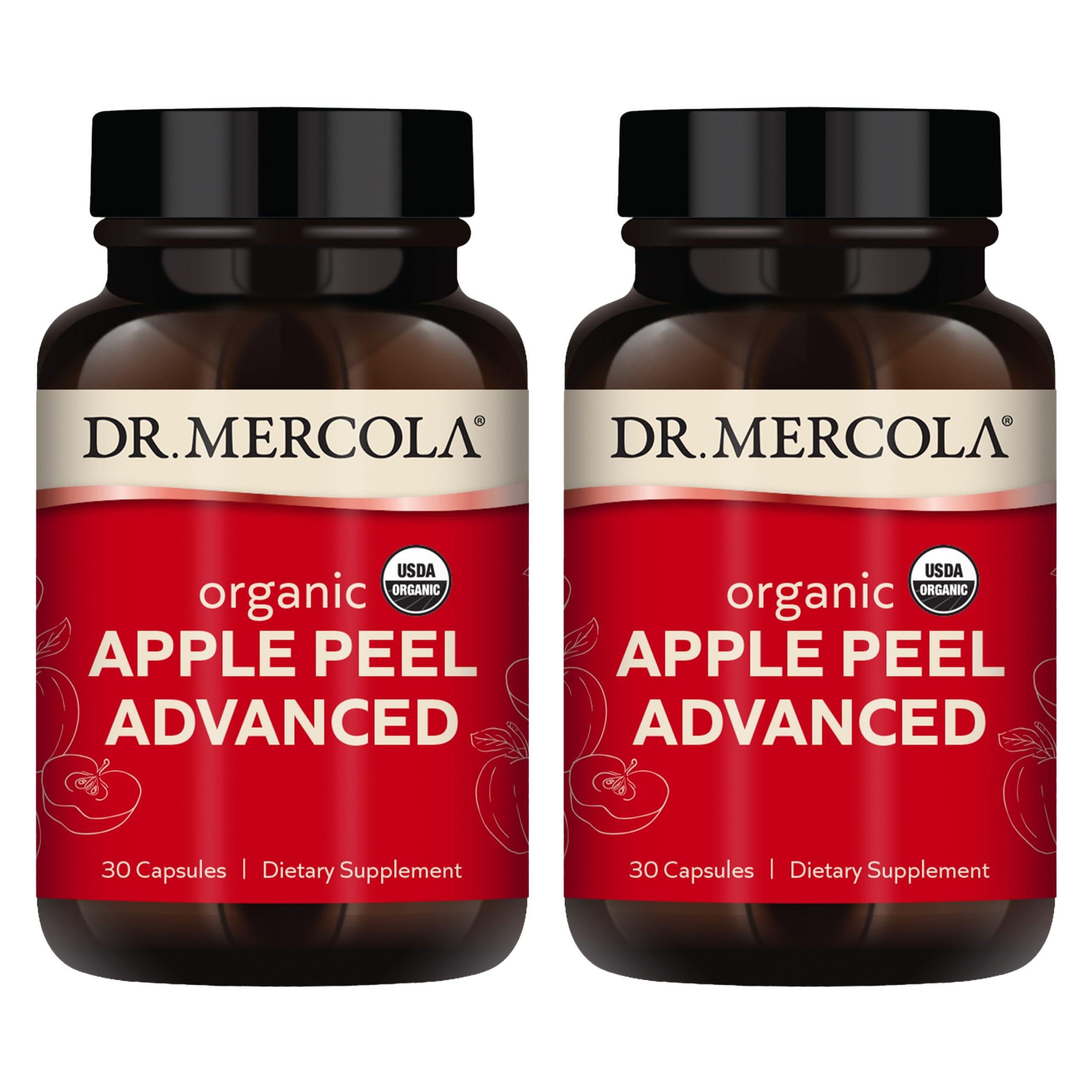 Dr. Mercola front jar view showing organic apple peel supplement and benefits