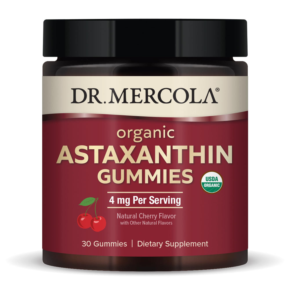 Front view of Dr. Mercola Organic Astaxanthin Gummies bottle (cherry flavor)